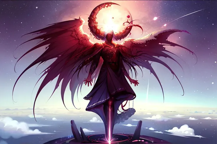 (masterpiece, best quality, hires), solo, sky, outdoors, floating, scifi, <lora:Angelarium:1>, giant, cosmic horror, beheaded angel