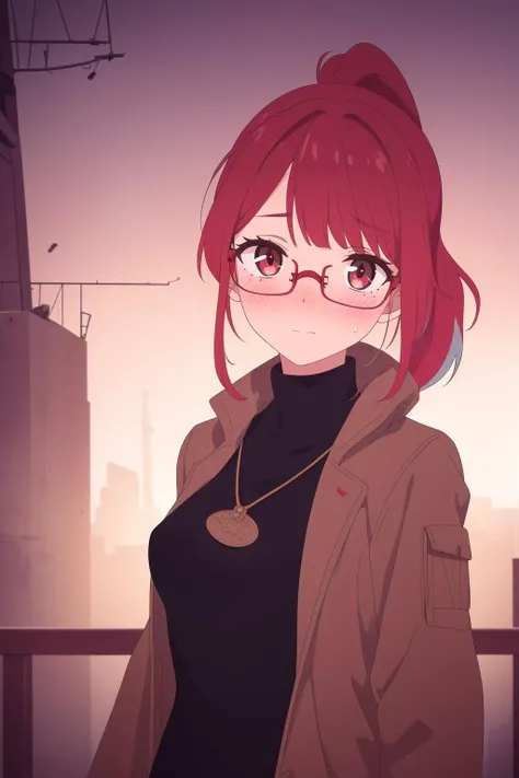 (high quality, best quality, absurdres, highres, masterpiece:1.2), (postapocalyptic south america, latin, tan:1), (adult girl, 1girl, solo, blush face:1.1), (intelligent librarian, wearing turtleneck and nerd glasses:1), (multicolored_eyes:1), (red_hair, medium_hair, high_ponytail:1), (frail body:1), (outside unsettling underbridge:1.1),