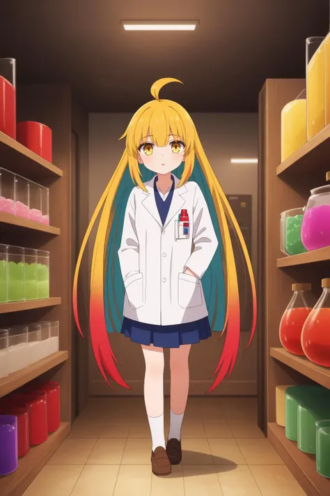 (high quality, best quality, sharp focus:1.2), (prehistoric egypt, egyptian:1), (middle-aged woman, 1girl, solo:1.1), (chemist, wearing lab coat, test tubes:1.1), (yellow_eyes:1), (multicolored_hair, very_long_hair, bob_cut:1), (fit body:1), (underground:1.1),