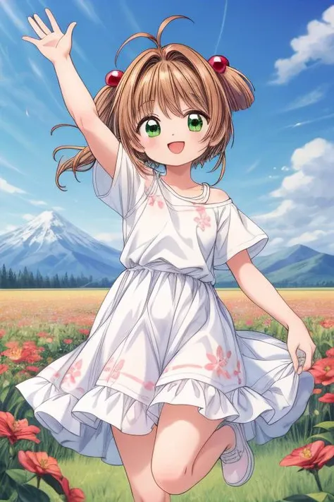 masterpiece, best quality,ultra detailed,fluffy summerdress,flower field,wind,reaching for viewer,smile,jumping,mountain,white t-shirt,1girl, kinomoto sakura, antenna hair, brown hair, short hair, twintails, green eyes, hair bobbles, <lora:SakuraCardCaptor:0.7> <lora:add_detail:1.2>