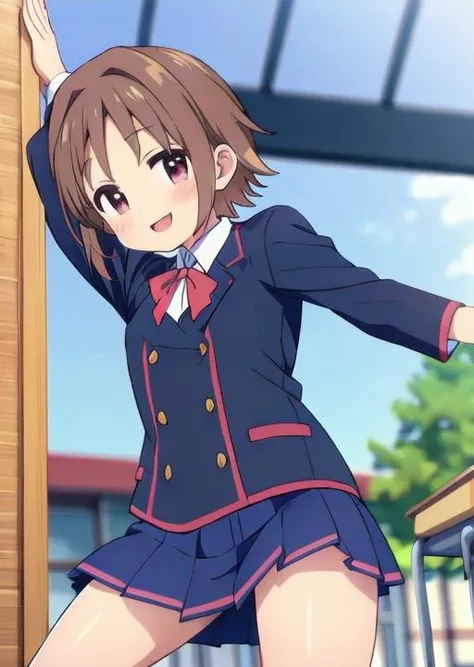 masterpiece, best quality,,<lora:GoodHands-vanilla:0.8> <lora:anmnr01:0.3> <lora:add_detail:0.5>,<lyco:asahi_v1_locon:0.7>,oka asahi,school zone, (school uniform,flat breasts,spread arms,open mouth smile)