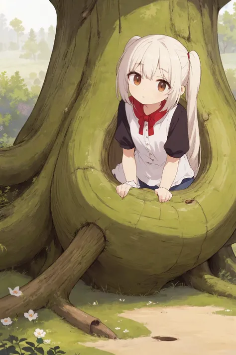 woman relaxing in old tree trunk,
(only face sticks out from small hole, all except face is hidden inside tree trunk cavity and invisible:1.3),
looks like fun,
masterpiece, best quality, extremely detailed,
crisp image, sharp image, clear image, vivid colored image,
highly detailed background,