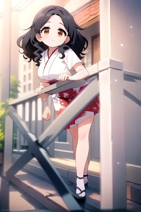 (masterpiece:1.4), high quality, high definition, sharp focus, detailed clothes, detailed body, detailed face, anime, best quality, 4k, 8k, absurd resolution, intricate detail, detailed hands, detailed eyes, animation, illustration, highly detailed, highres, extremely detailed, <lora:ETO_OCC002:0.7> ETO_OCC, black hair, (curly hair:1.5), long hair, thick eyebrows, <lora:hyperdenoiser_v090:0.6> (plump), (hazel eyes:1.3), (parted bangs:1.4), <lora:ETO_OC:0.2> ETO-OC, <lora:perfetfingers:1>, breasts, skindentation, <lora:hyperrefiner_v090:0.6>, outdoors, 1girl, (balcony:1.5), <lora:colorkimono:1> Dandelion kimono, japanese clothes, smiling, (looking at viewer), (leaning over the railing)