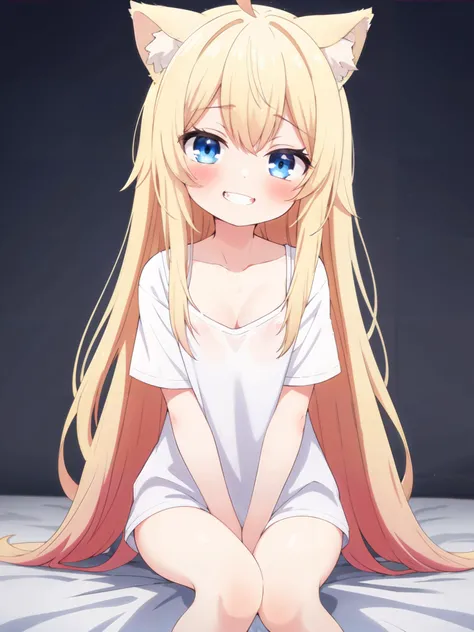 HDR, volumetric lighting, masterpiece, best quality, highres, high quality, absurdres, simple background, 1girl, solo, cat ears, blonde hair, blue eyes, white shirt t-shirt, collarbone, blush, animal ear fluff, wolf ears, wolf tail, wolf girl, messy hair, very long hair, gradient hair, flat chest, looking at viewer, fangs, smug, grin, ahoge, blush, head tilt, sitting, hands between legs, small cleavage, bottomless,