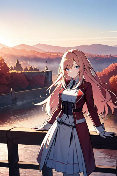 beautiful english woman standing on a bridge looking over the edge. dawn, cold, autumnal. volumetric light.