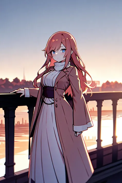 beautiful english woman standing on a bridge looking over the edge. dawn, cold, autumnal. volumetric light.