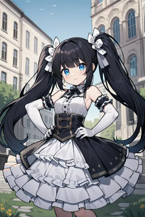 masterpiece, best quality, long hair, twintails, black hair, blue eyes, frilled dress, elbow gloves, outdoors, hand on hip,