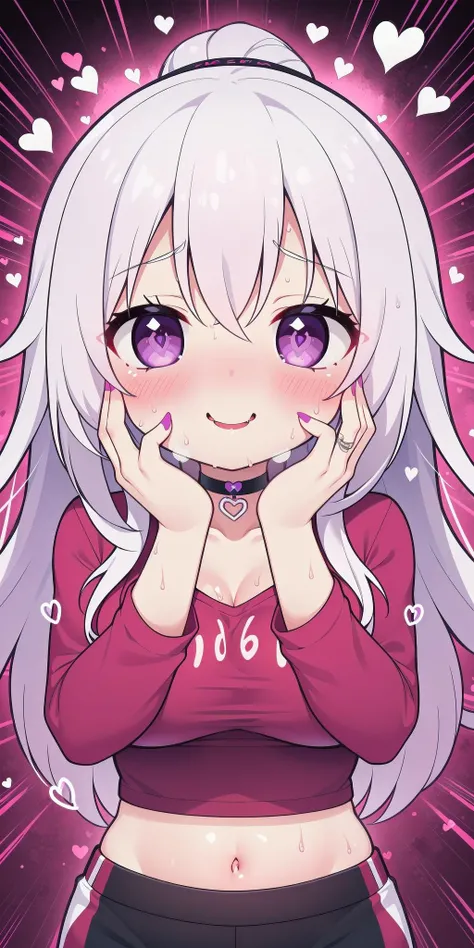 1girl,heart-shaped pupils,fingernails,hands on own face,white hair,purple eyes,(blush:1.1),choker,upper body,trembling,sweat,sweatdrop,heart,(speed lines:1.1),medium breasts, ((heavy breathing:1.3)), love, heart, crop top, happy, smile