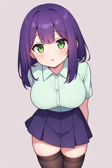 masterpiece, best quality, 1girl, solo, petite,
medium hair, purple hair, green eyes, white shirt, large breasts, thighhighs, skirt, 
portrait, simple background,