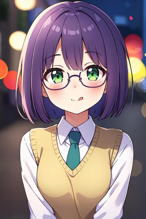 masterpiece, best quality, 1girl, solo,
short hair, purple hair, green eyes, flat chest, white shirt, necktie, smile, glasses, nose blush, tongue out, sweater vest,
night, street, bokeh, blurry background, portrait,