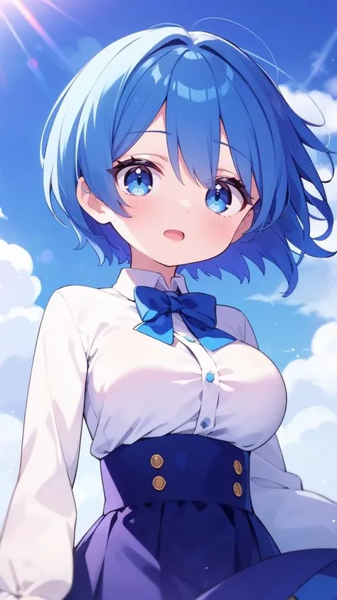 masterpiece, best quality, solo, petite,
short hair, blue hair, straight hair, blue eyes, white shirt, open mouth, bowtie, large breasts, button gap, blank eyes,
blue sky, wind,