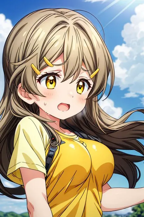 ,ultra-detailed,masterpiece,best quality,solo,1girl,longhair,hairclip,himawari,wind,yellow t-shirt,bouncing breasts,((keep track)),sweat,outdoor,cloud,sunnysky<lora:add_detail:1.5> <lora:shinomiya_himawari_ver2.0_5:0.7>