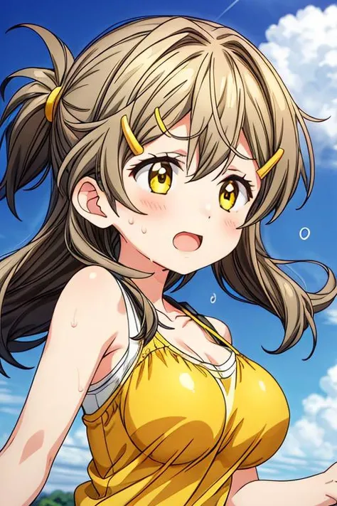 ,ultra-detailed,masterpiece,best quality,solo,1girl,longhair,hairclip,himawari,wind,yellow t-shirt,bouncing breasts,((keep track)),sweat,outdoor,cloud,sunnysky<lora:add_detail:1.5> <lora:shinomiya_himawari_ver2.0_5:0.7>