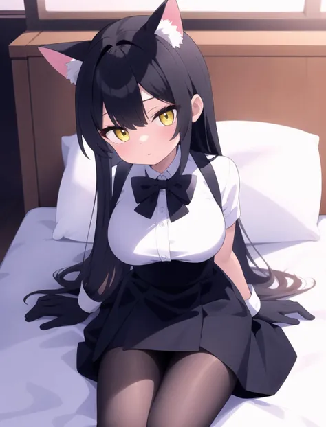 best quality,masterpiece,4k,  1 girl,Lie back.cat ears,sharp eyes,Yellow eyes,(black hair,long hair),[ample breasts],white shirt,(Black Gloves),bow tie,black skirt,pantyhose,on bod sheet