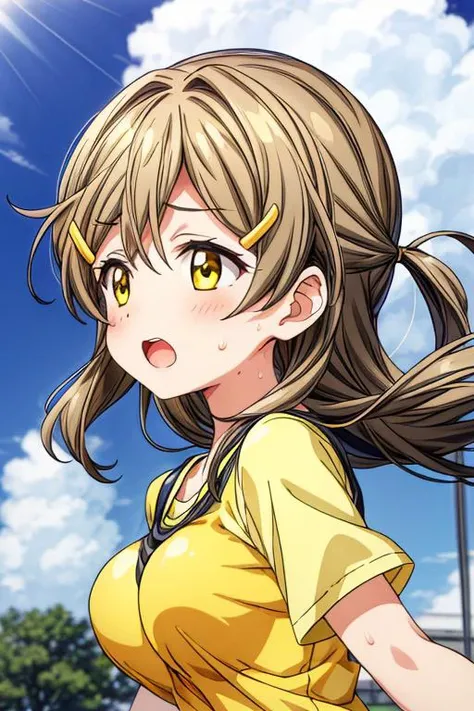 ,ultra-detailed,masterpiece,best quality,solo,1girl,longhair,hairclip,himawari,wind,yellow t-shirt,bouncing breasts,((keep track)),sweat,outdoor,cloud,sunnysky<lora:add_detail:1.5> <lora:shinomiya_himawari_ver2.0_5:0.7>
