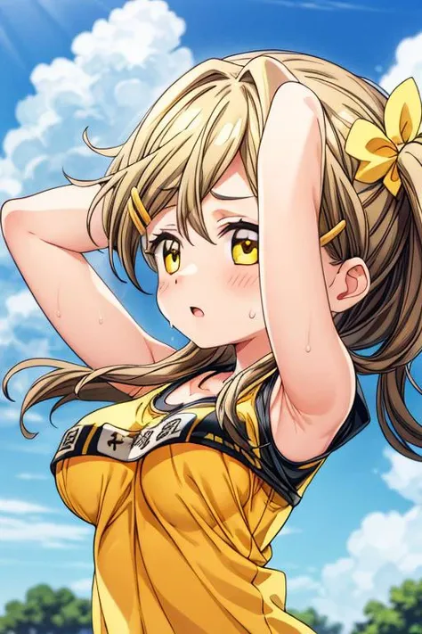 ,ultra-detailed,masterpiece,best quality,solo,1girl,longhair,hairclip,himawari,wind,yellow t-shirt,bouncing boob,(arms down),sweat,outdoor,cloud,sunnysky<lora:add_detail:1.5> <lora:shinomiya_himawari_ver2.0_5:0.7>