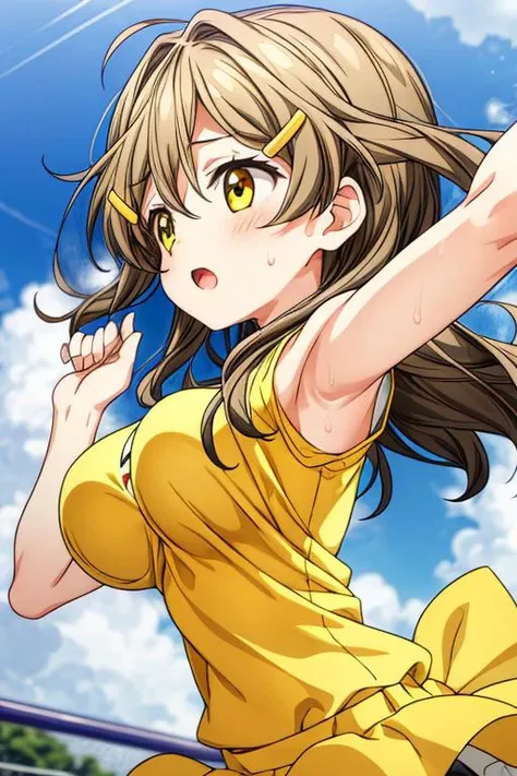 ,ultra-detailed,masterpiece,best quality,solo,1girl,longhair,hairclip,himawari,wind,yellow t-shirt,bouncing breasts,((keep track)),sweat,outdoor,cloud,sunnysky<lora:add_detail:1.5> <lora:shinomiya_himawari_ver2.0_5:0.7>