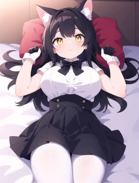 best quality,masterpiece,4k,  1 girl,Lie back.cat ears,sharp eyes,Yellow eyes,(black hair,long hair),[ample breasts],white shirt,(Black Gloves),bow tie,black skirt,pantyhose,on bod sheet