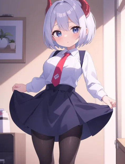 best quality,masterpiece,4k,  1 girl.dragon horn,necktie,necktie,mini skirt,sharp eyes,short hair,[ample breasts],pantyhose,