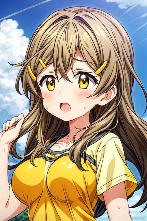 ,ultra-detailed,masterpiece,best quality,solo,1girl,longhair,hairclip,himawari,wind,yellow t-shirt,bouncing breasts,(keep track),sweat,outdoor,cloud,sunnysky<lora:add_detail:1.5> <lora:shinomiya_himawari_ver2.0_5:0.7>