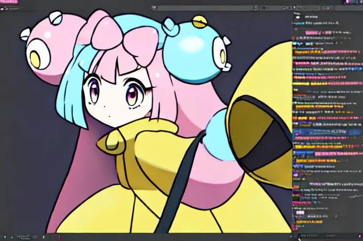((High Quality, masterpiece, absurdres, best quality, amazing quality)), anime screenshot, ((generation 8)), official art, (TwitchChat),
solo, female focus, 1girl,
pokemon iono, blue hair, bow-shaped hair, character hair ornament, hair ornament, long hair, low-tied long hair, multicolored hair, pink hair, sharp teeth, split-color hair, twintails, two-tone hair, (pink eyes:1.5), asymmetrical legwear, bell, bow-shaped hair, character hair ornament, hexagon print, oversized clothes, pantyhose, single leg pantyhose, split-color hair, jacket, (yellow jacket:1.5),