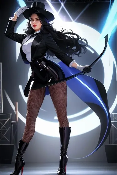 masterpiece,best quality,highres,realistic,1girl,full body,<lora:Zatanna:0.6>,black_hair,long_hair,hat,fishnet_legwear,pantyhose,magician,white_gloves,flying