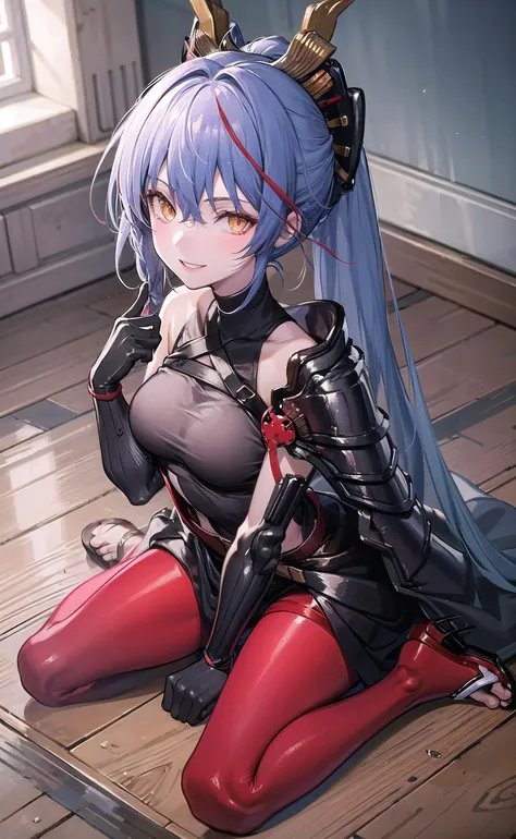 (masterpiece,best quality, detailed), indoors, looking at viewer, 1girl, solo, full body, from above, smile, sitting, wariza,
origin, 1girl, solo, long hair, breasts, looking at viewer, sandals, red pantyhose,armor,gloves, shoulder armor, black gloves<lora:akafuyu-pynoise-000009:1>