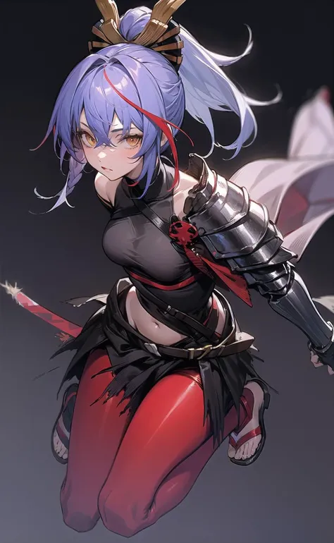 origin, 1girl, solo, black background, long hair, breasts, looking at viewer, sandals, red pantyhose, pantyhose, simple background, armor,gloves, sheath, shoulder armor, black gloves<lora:akafuyu-pynoise-000009:1>