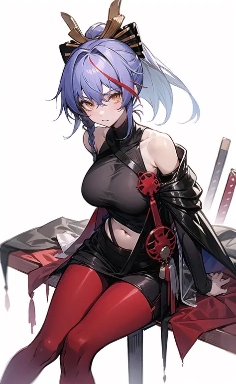 origin, 1girl, solo, pantyhose, breasts, red pantyhose, long hair, looking at viewer, large breasts, sitting, bare shoulders, black shirt, navel, weapon, white background <lora:akafuyu-pynoise-000009:1>