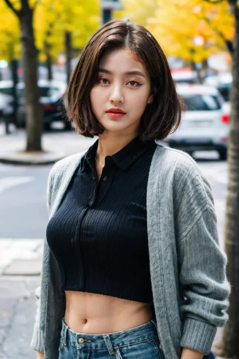 <lora:twiceJihyoV1:0.9>, (forehead, cropped jacket, abs, midriff, frown, short hair, black hair, eyeliner:1.3), (masterpiece, best quality, beautiful quality), (photorealistic:1.4), (detailed lighting, extremely detailed skin, extremely detailed hair, shadows, 8k, a picture of a Jihyo, 1girl:1.2), <lora:add_detail:1>, looking at viewer, (High Key Lighting), masterpiece, top quality, best quality, official art, unity 8k wallpaper, highres, ultra-high res, ultra-detailed, beautiful and aesthetic