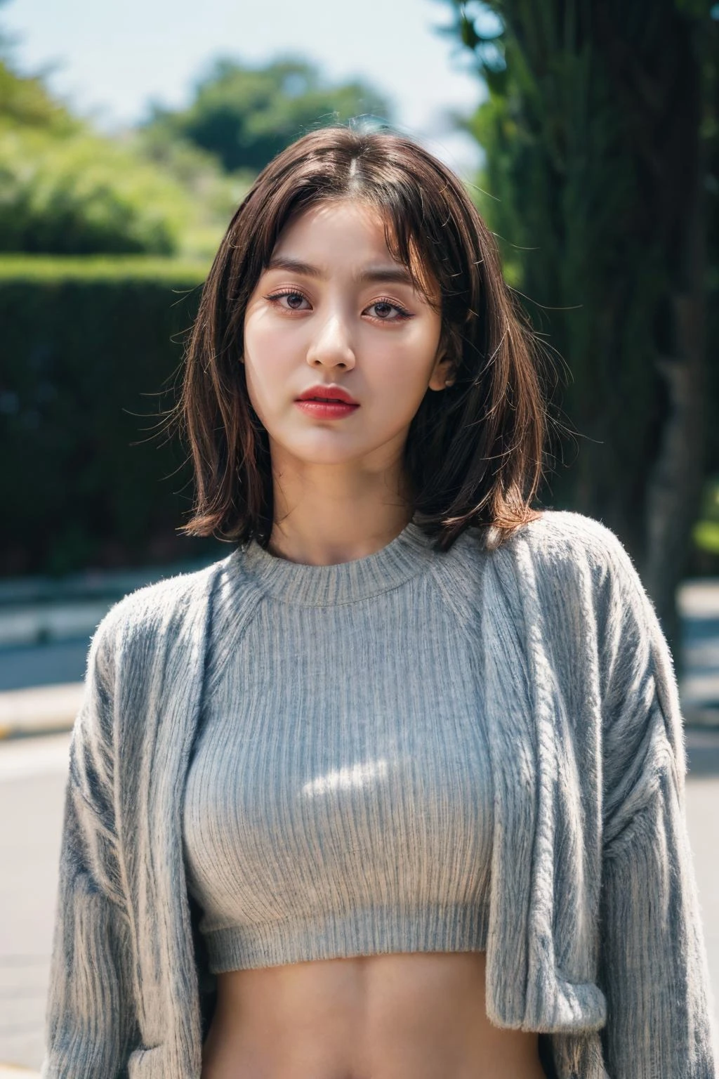 <lora:twiceJihyoV1:0.9>, (forehead, cropped jacket, abs, midriff, frown, short hair, black hair, eyeliner:1.3), (masterpiece, best quality, beautiful quality), (photorealistic:1.4), (detailed lighting, extremely detailed skin, extremely detailed hair, shadows, 8k, a picture of a Jihyo, 1girl:1.2), <lora:add_detail:1>, looking at viewer, (High Key Lighting), masterpiece, top quality, best quality, official art, unity 8k wallpaper, highres, ultra-high res, ultra-detailed, beautiful and aesthetic