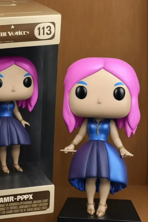 woman, solo, pink short hair, (blue dress :1.1), figure, (funko pop:1.3), (masterpiece), (high quality), (best quality), (detailed), hd, perfect lighting, detailed face, detailed body, <lora:FunkoPopStyle:1>