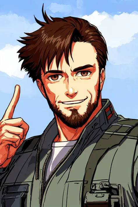 portrait of a middle-aged man as military jet fighter pilot, solo, 1 man, black sunglass, (symmetrical brown eyes looking at viewer:1.2), cutted military messy hair, beard, with military jet fighter pilot outfit, smiling, showing right hand thumb up, boast himself, military airbase background, clear sky, daytime, daylight, PC-98, ligne claire