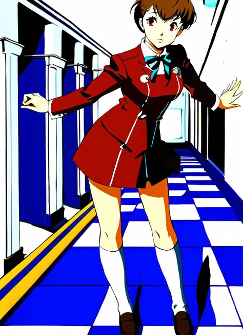 soejima shigenori,Shiomi kotone,pc-98,linge claire,1girl,red eyes,brown hair,uniform,dark hallway background, <lora:Kotone Shiomi:0.8> <lora:personaCatherineSoejima_1:0.6>