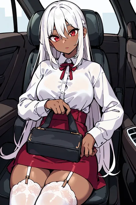 (best quality,high quality, masterpiece,1girl,solo), dark skin, white hair,long hair, car seat, garter belt, red skirt,white long sleeves shirt,
