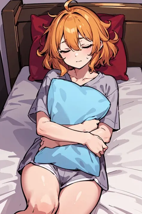 (best quality,high quality, masterpiece,1girl,solo),orange hair, medium hair, messy hair, pillow ,pillow hug, on bed, sleepwear,half-closed eyes,