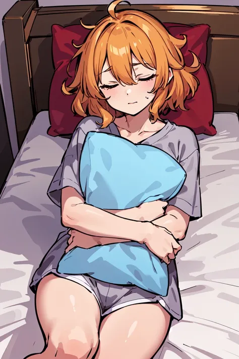 (best quality,high quality, masterpiece,1girl,solo),orange hair, medium hair, messy hair, pillow ,pillow hug, on bed, sleepwear,half-closed eyes,