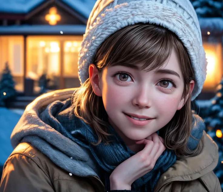 8k, very sharp image, masterpiece, best quality, highres, 1girl, Jennette McCurdy, short messy bangs, medium hair, brown hair, white eyes, winter clothes, winter, snow cap, snowing, bent over, light smile, breath,
high detail skin, high detail hair, high detail lips, realistic mouth, realistic face, <lora:more_details:0.6> low-key lighting, dimly lit.