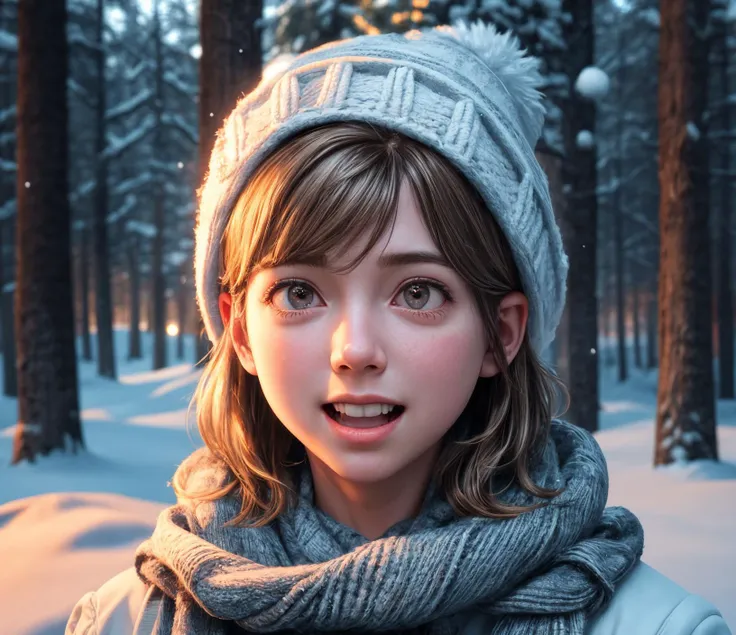 8k, very sharp image, masterpiece, best quality, highres, 1girl, Jennette McCurdy, short messy bangs, medium hair, brown hair,  white eyes, winter clothes, winter, snow cap, snowing, light smile, open mouth,  breath, leaning to the side, 
high detail skin, high detail hair, high detail lips, realistic mouth, realistic face, <lora:more_details:0.6>  low-key lighting, dimly lit.