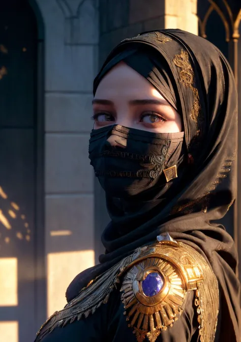8k, very sharp image, masterpiece, best quality, highres, 1girl, bella hadid, arabian architecture, embroidery hijab, embroidered dress, loose clothes, long sleeves, looking to the side, niqab
high detail skin, high detail hair, high detail lips, realistic mouth, realistic face, <lora:more_details:0.5> , (dramatic lighting, dramatic shadows, illumination:1.4),