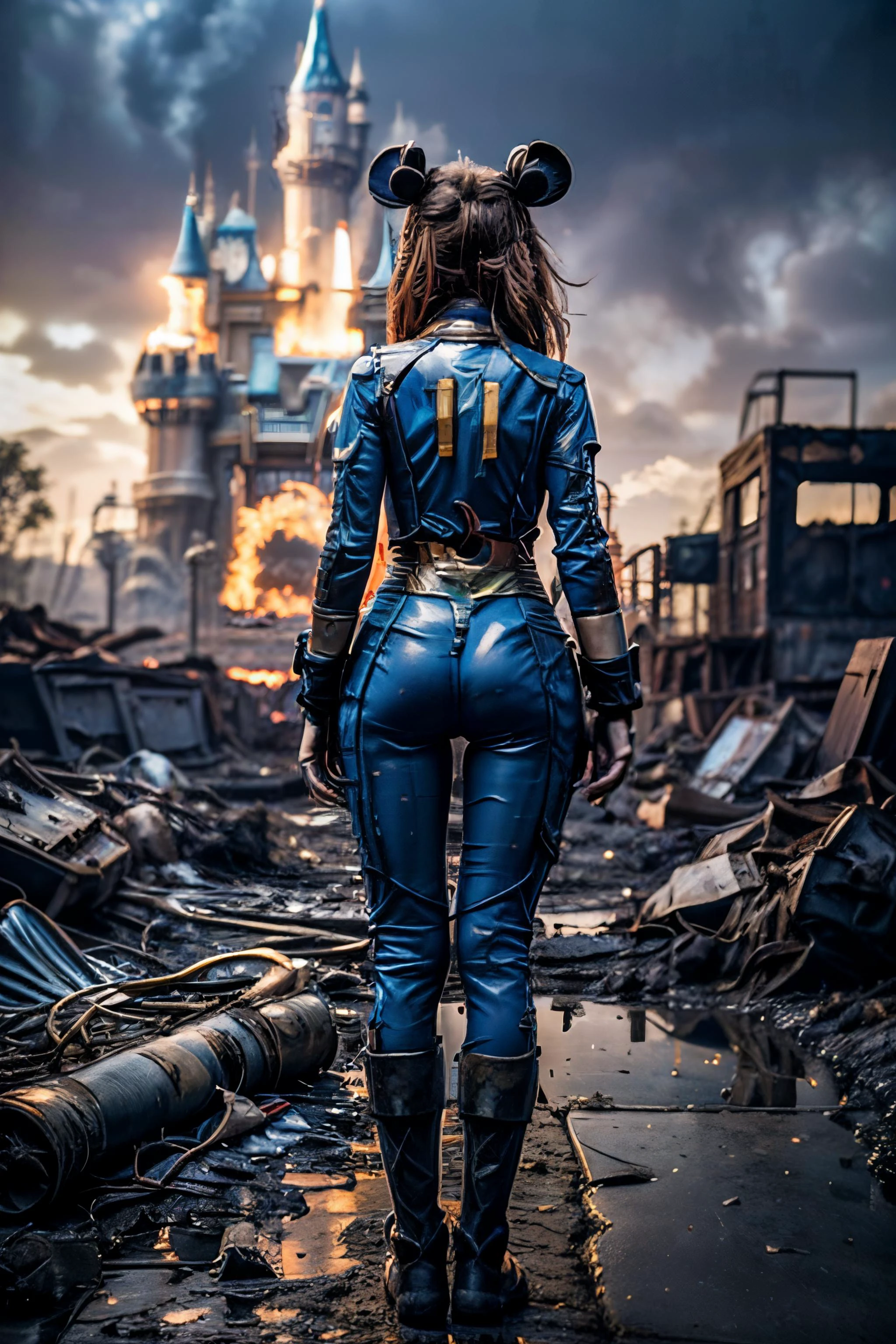 1girl (dynamic angle, highest detailed) woman ((wearing mickey ears)) in apocalyptic wasteland disneyland in daylight, bokeh, light passing through hair ((wearing neon blue vaultsuit)) (messy hair) <lora:disney:0.3> in disney with mickey ears <lora:wasteland:0.6> xs-wasteland-style <lora:more_details:0.5> <lora:talojivaultsuit:0.6> (((1 disney castle behind with nuke))) (((mickey mouse plushie in floor))) (((disney behind burning)))