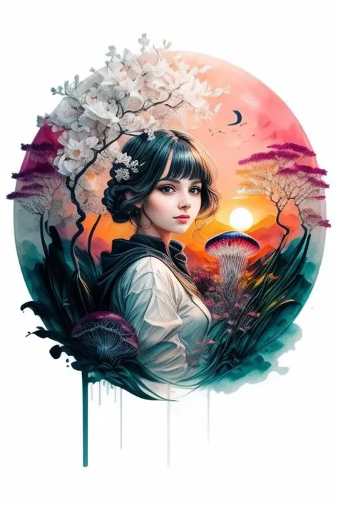 white background, scenery, ink, ink painting, (1girl:1.5), (girl portrait:1.5), sunset in the background, orchid, jellyfish, bioluminescent, symmetrical artwork, (<lora:ink-0.1-3-b28-bf16-D128-A1-1-ep64-768-DAdaptation-cosine:1>:1.5) <lora:more_details:1> <lora:zhubao:1>