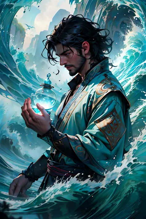 Best quality, masterpiece, ultra high res, waves in background, water dragon, water balls, nature light, photo realistic,
(masterpiece, best quality:1.4),(absurdres, highres, ultra detailed:1.2), (1 handsome man:1.4),(using dark magic:1.4),water magic,playful illustrations, imaginative overlays, artistic fusion,fantastical scenes, evocative narratives, striking visuals, upper body,<lora:yushui:0.5> ,
<lora:more_details:0.3> <lora:add_detail:0.2> <lora:hipoly3DModelLora_v20:0.2>