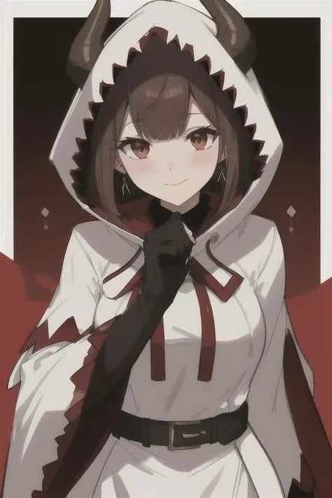 demonic, infernal,:3, capelet, fingerless gloves, closed mouth, smile, brown hair, bangs, dynamic background, looking at viewer, black gloves, jewelry, earrings, brown eyes, hood up, upper body, breasts, blush, white shirt, belt, 1girl, dr24whitemage, short hair