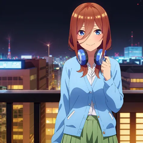 <lora:miku:0.7>,<lora:add_detail:0.5>,<lora:noline:0.3>,<lora:boldline:-0.3>,looking at viewer,smile,from the top,
nakano miku,long hair,bangs,blue eyes,brown hair,shirt,hair between eyes,headphones,headphones around neck,
blue cardigan,long sleeves,white shirt,pleated skirt,green skirt,
city,wind,night view,