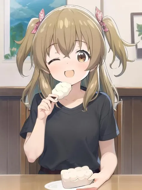 best quality, masterpiece, highres, detailed, digital illustration, <lora:Detail - add_detail:0.2>, YukihiraItsuka, female child, <lora:YukihiraItsuka-10:1>, happy, eating mochi,