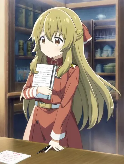best quality, masterpiece, highres, detailed, digital illustration, <lora:Detail - add_detail:0.2>, YukihiraItsuka, female child, <lora:YukihiraItsuka-10:1>, long hair, red uniform, wagashi, taking orders, pen and notebook in hand,