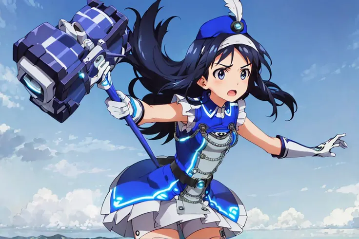 ((masterpiece,best quality)),
<lora:futaba_aoi_operation_ver1.0:1>, futaba_aoi_operation, palette suit, hairband, long hair, blue eyes, blue hair, blue hat, hat feather, holding hammer, huge hammer, gloves, boots, white bike shorts, white tights
(blue sky:1.3), (flying:1.3), (high altitude:1.4),sea outdoors,