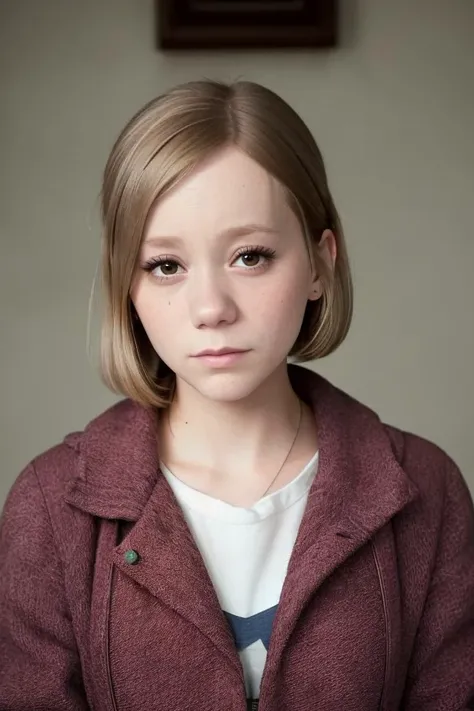 portrait of skswoman, disgusted , wearing silk , with strawberry blonde French bob , background barn epic (photo, studio lighting, hard light, sony a7, 50 mm, matte skin, pores, colors, hyperdetailed, hyperrealistic), <lyco:Sophia Lillis:1.1>