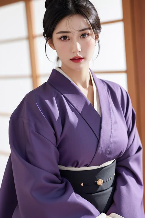 Simple White Background,
purple_kimono,sash, shouji, shrine,japanese_clothes,
<lora:Sumie_Takayanagi-V1:0.7>,
black_hair,Hair_bun,lipstick,Bangs,Black_eyes,
<lora:Oda_Non_Style-KK77-V2:0.1>,<lora:more_details:0.1>,
1 girl, 20yo,Young female,Beautiful Finger,Beautiful long legs,Beautiful body,Beautiful Nose,Beautiful character design, perfect eyes, perfect face,expressive eyes,perfect balance,
looking at viewer,(Focus on her face),closed mouth, (innocent_big_eyes:1.0),(Light_Smile:0.3),
official art,extremely detailed CG unity 8k wallpaper, perfect lighting,Colorful, Bright_Front_face_Lighting,White skin,
(masterpiece:1.0),(best_quality:1.0), ultra high res,4K,ultra-detailed,
photography, 8K, HDR, highres, absurdres:1.2, Kodak portra 400, film grain, blurry background, bokeh:1.2, lens flare, (vibrant_color:1.2),professional photograph,
(Beautiful,large_Breasts:1.4), (beautiful_face:1.5),(narrow_waist),